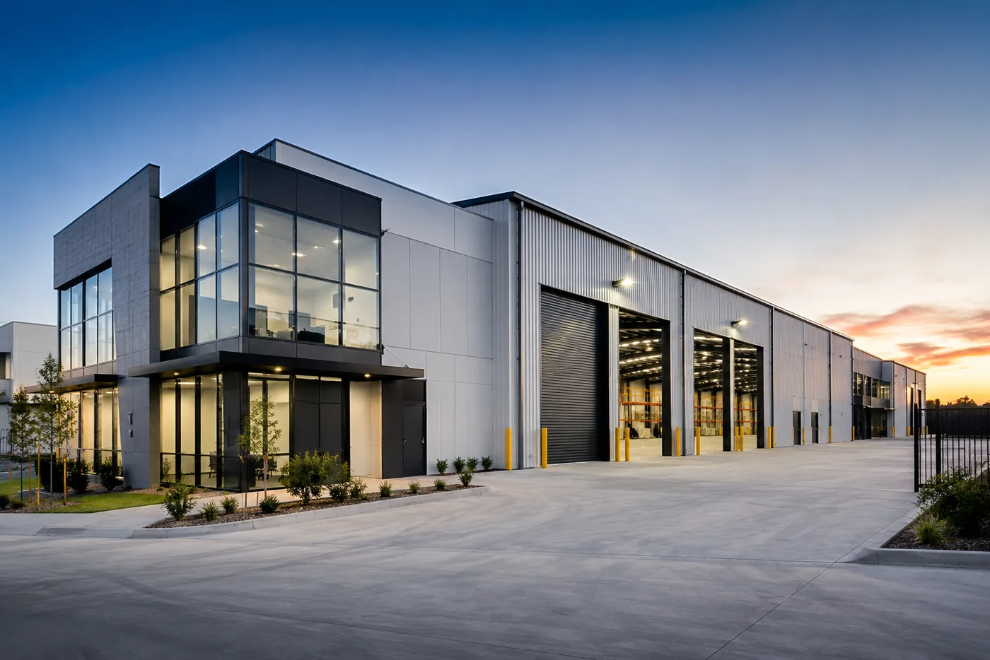 Modern warehouse and office facility with roller doors at dusk