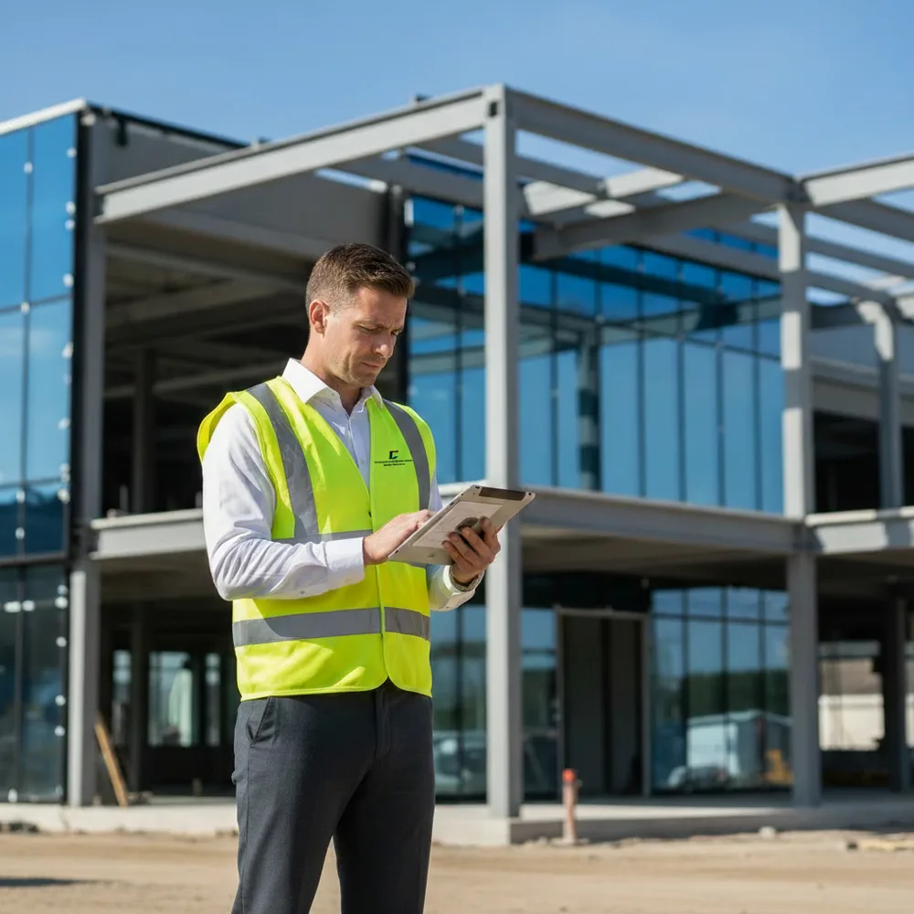 A building surveyor in a hi-vis vest makes notes on a tablet in front of a part-built commercial building, its steel frame and glass curtain wall exposed against a clear sky.